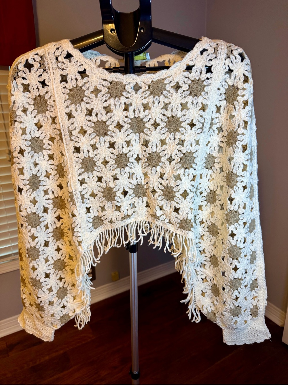 House of Harlow 1960 Cream Crochet Fringe Poncho Sweater